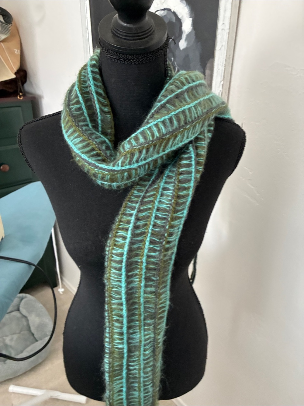 Ecco Brown and Teal Striped Knit Scarf